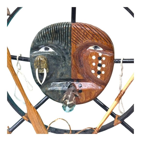 Handcrafted Native Alaskan Spirit Mask Wall Art Ceremonial Design Vtg Signed 17" - Picture 2 of 8